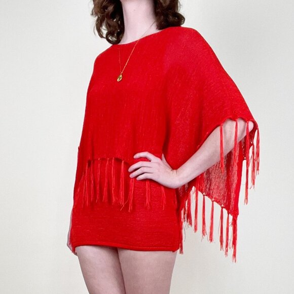 Vintage Knit Fringe Micro Mini Dress Tunic Top Poncho Swim Cover Up Boho 90s Y2K - Picture 4 of 7